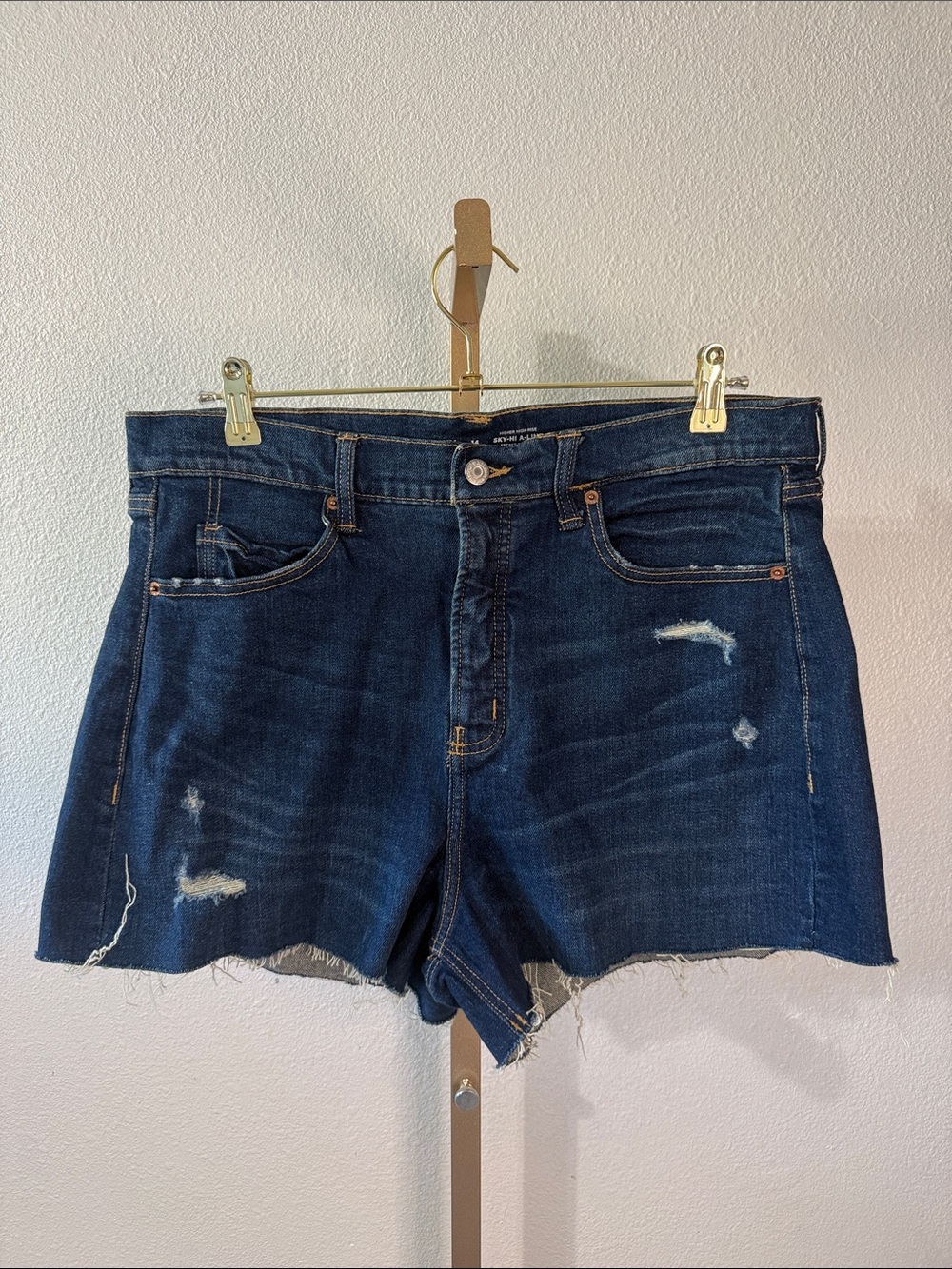 Dark Wash Frayed Hem Denim Shorts - Women- Size 14